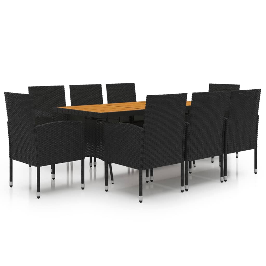 Juego de comedor de jardín con marco de acero y tablero de madera de acacia, juego de comedor para exteriores de ratán sintético con sillas ergonómicas de jardín en color negro
