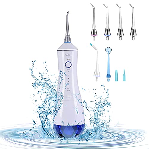 YUNCHI Cordless Water Flosser for Teeth, Gums, Braces, Rechargeable Dental Care with Travel Bag and 6 Jet Tips, Waterproof, Portable 320ML Detachable Cleanable Water Tank for Home and Travel, White