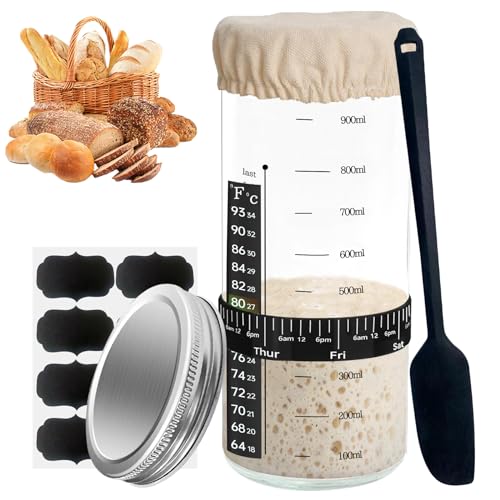 WINUSD Kit de tarro de iniciación de masa madre, tarro de vidrio grande de 1000 ml con tapa de aluminio, etiquetas de pizarra, banda de seguimiento de día y hora de alimentación, termómetro, raspador