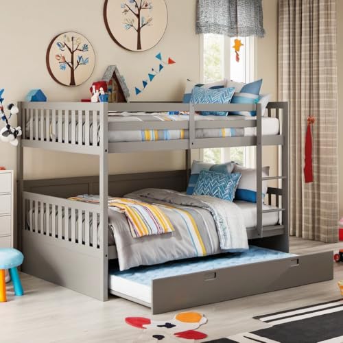 PVWIIK Twin Over Twin Rubber Wood Bunk Bed with Trundle
