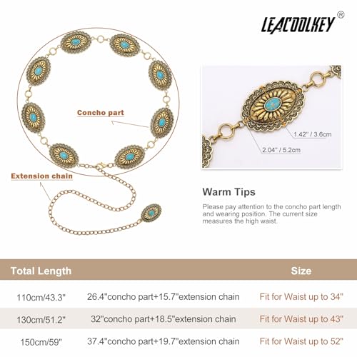 Image of LEACOOLKEY Women Turquoise Concho Chain Waist Belt Silver Western Cowgirl Metal Chain Belt for Dress Adjustable