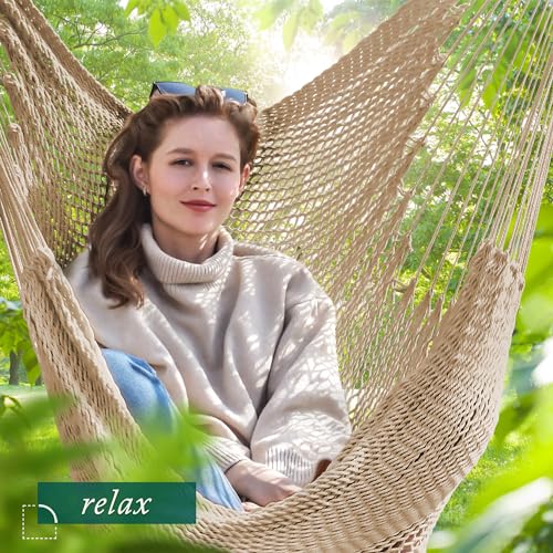 Image of Bathonly Large Hammock Chair with Spreader Bar, Caribbean Hammock Swing Chair, XL Hammock Chair Outdoor Indoor, 330 LBS Weight Capacity, Light Brown