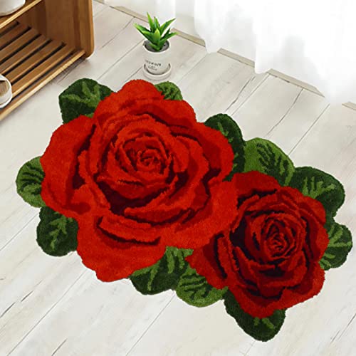 USTIDE Rose Badteppich 2 x 3, rot, Badezimmerteppich, zotteliger Blumenförmiger Teppich, Plüsch,...