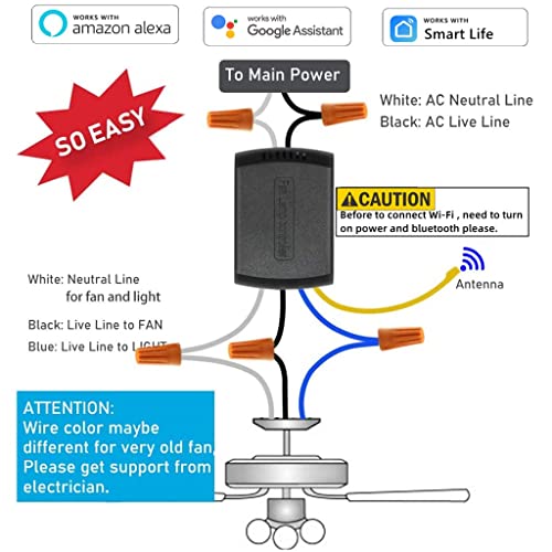 Image of Smart Wi-Fi Ceiling Fan Remote Control Kit, 3 Fan Speed & Light Dimmer,Compatible with Alexa & Google Home Smart Life APP