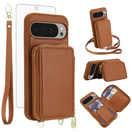 Étui portefeuille Google Pixel 9 en cuir marron avec verre trempé de protection