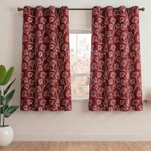 Image of Home Sizzler Ginkgo Leaf Eyelet Polyester Semi-Transparent Window Curtains - 5 Feet, Pack of 2, Deep Wine
