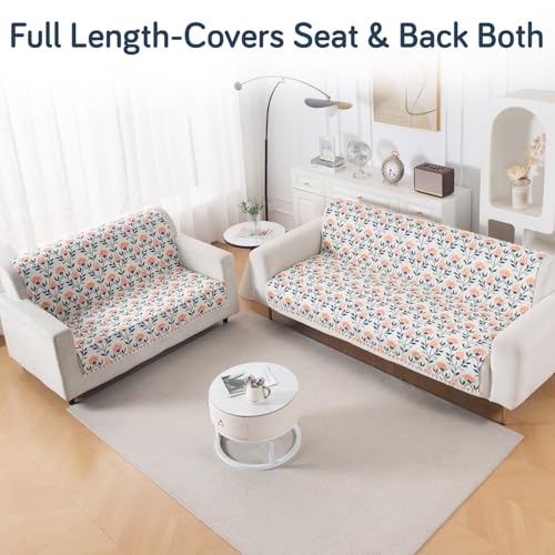 Image of HOKIPO Folk Garden Quilted Sofa Cover 3 Seater and 2 Seater with Tassels Set - 5 Seater Sofa Cover (3+2) for Seat & Back | 'Tassel Twigs' Series (IN-991-T9 + IN-990-T9)