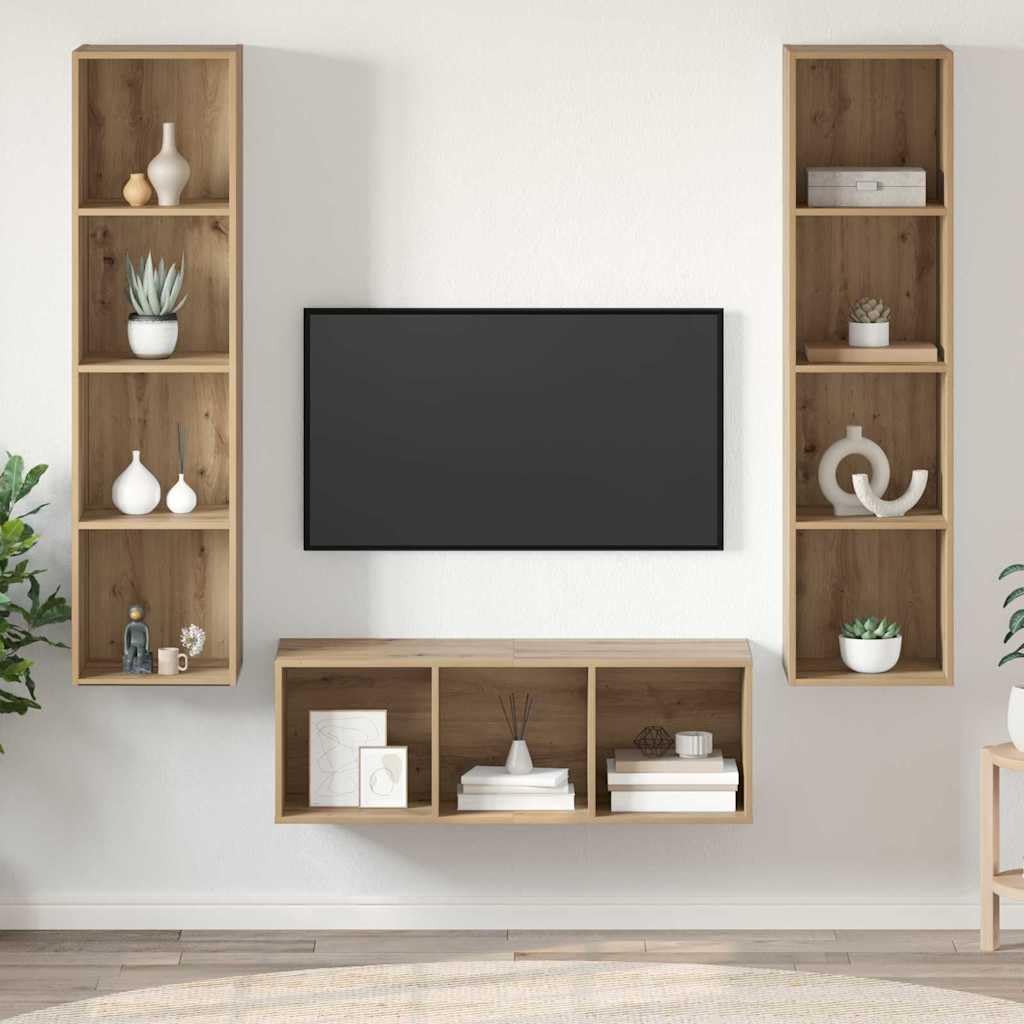 Zestaw szafek pod telewizor montowana na ścianie, 3-częściowy dąb Artisan, materiał drewnopochodny z 11 półkami, nowoczesna szafka pod telewizor do salonu, sypialni