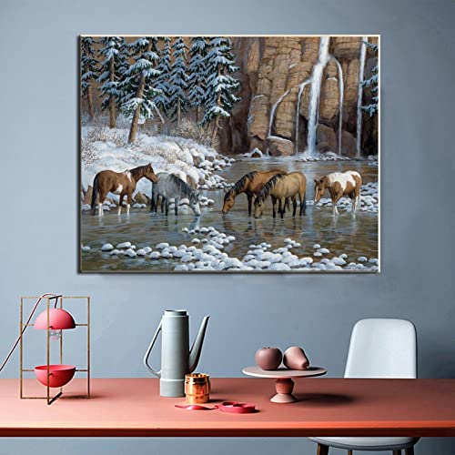 Western Horse Art Rustic Style Horse Herd By The River Vintage Painting Poster Canvas Painting Posters And Prints Wall Art Pictures For Living Room Bedroom Decor 24X32Inch(60X80Cm) Frame-Style #TOP1