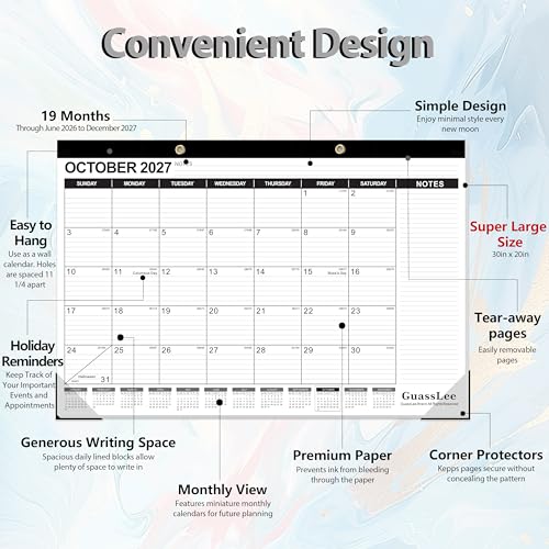 Image of GuassLee Extra Large Desk Calendar 2026, 19 Months Jumbo Desk /Wall Calendar from Jun. 2026 through Dec. 2027, 30 x 20 Inches Hanging Planner with Julian Date, Notes for Home School Office Organizing