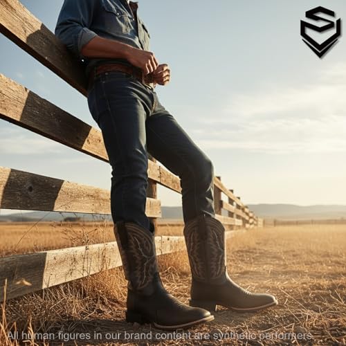 Image of SUREWAY Western Boots For Men - Mens Square Toe Cowboy Boot,Oil /Slip Resistant,Durable Fashionable Classic Pull on 10 Inch Wellington Boots - Soft Toe Work Boots