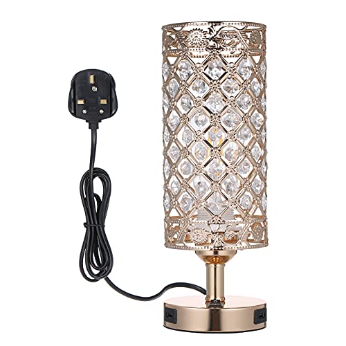 Tomshin-e Crystal Bedside Table Lamp with Dual USB Port,Modern Glitter Golden Lampshade E27 Base Bedroom Nightstand Light for Bedroom Living Room Guest Room