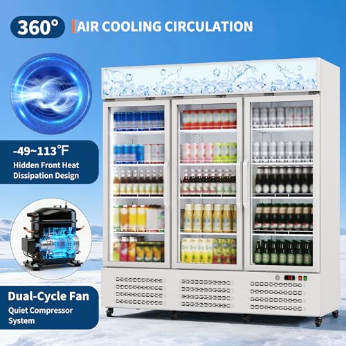 Image of 290 Gallon Three-Door Display Beverage Refrigerator with Lightbox, Metal Sheet Commercial Refrigerator with Adjustable Shelves, Locking Casters for Restaurants, Bars, and Retail Stores, White