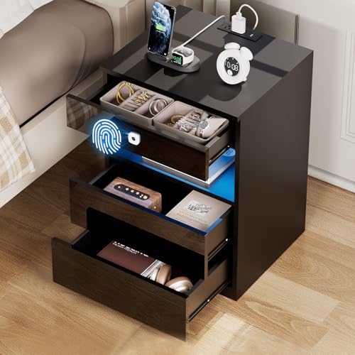 HOMMPA Smart Nightstand with Fingerprint Lock Drawer Modern LED Nightstand with Charging Station Bedside Table with Hidden Space High Glossy Finish 3 Drawer Bed Side End Table for Bedroom Black
