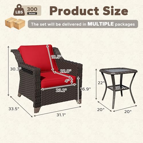 Image of 3 Piece Patio Furniture Set, Wicker Outdoor Conversation Set | Patio Chair Set with Olefin Removable Cushion, All-Weather Armchair Set with Deep Seat for Porch, Deck and Backyard, Red