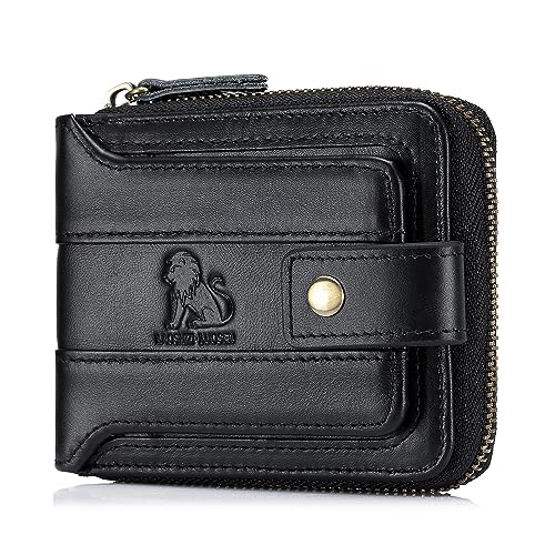 BAIGIO Genuine Leather Wallets for Men Multi Card Purse with Zipper Wallet Men RFID Blocking Coin Pocket (Type 2-Black)