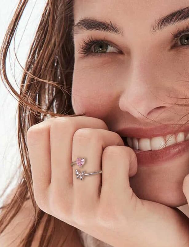 Miniatura 5 de Anillo abierto ajustable de plata de ley 925 maciza con diseño de mariposa y piedra natal, regalo de San Valentín, aniversario, cumpleaños, joyería