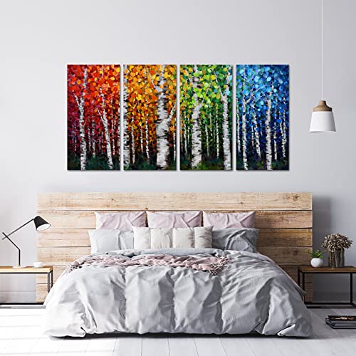 4Pcs Large 4 Seasons Canvas Birch Tree Wall Art Modern Branches Oil Painting Falls Leaves Picture Landscape Prints Framed For Bathroom Living Room Bedroom Home Office Decor Each Panel 16X32Inch (Large) #TOP3