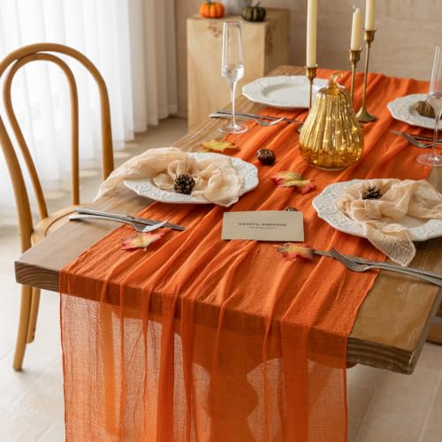 Image of 2Pcs Fall Orange Cheesecloth Table Runner 120 Inch Party Home Decor | For Thanksgiving Friendsgiving Wedding Bridal Shower Baby Shower Engagement Party Rustic Boho Autumn Home Decor