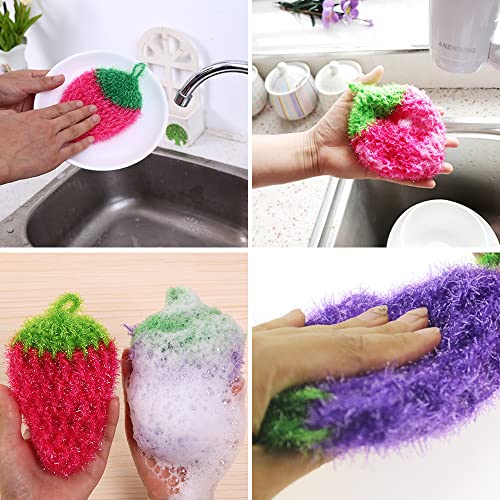 Image of 7 Pcs Acrylic Dish /Pot Scrubbers, Colorful Strawberry Shape Dish Washing /Washcloth, Kitchen Hand-Knitted Washing Rags Towel, Non Scratch Dish Sponge(Mixed Color)