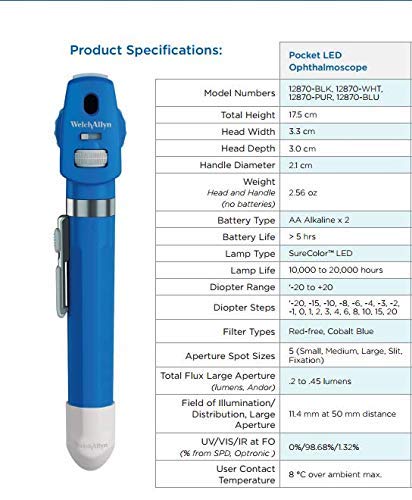 Image of Welch Allyn Ophthalmoscope Pocket LED Fiber Optic Ophthalmoscope 12870(Blue)