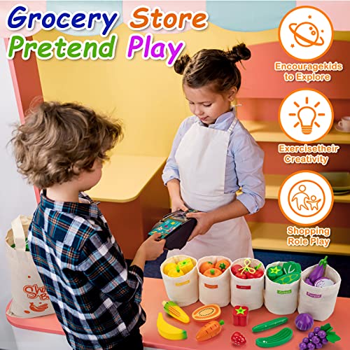 Sundaymot Wooden Play Food Toys, Shopping Play Toys With Canvas Tote And Sorting Bags, Pretend Toddler Toys Farmers Market Color Sorting Set With Wooden Fruits And Veggies, Play Kitchen Accessories #TOP4