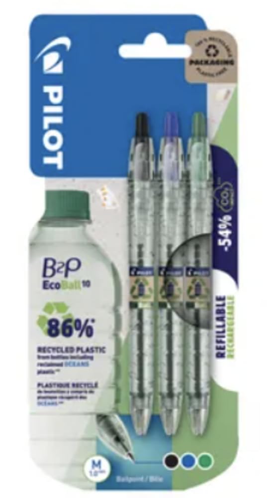 PILOT Bottle 2 Pen - Pack of 3 Retractable Gel Ink Pens - 1 Black 1 Blue 1 Green - Made from Recycled Materials - Refillable