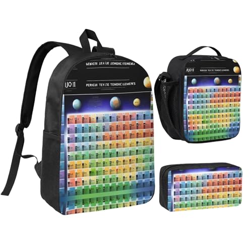 Sac à dos tableau périodique 3 pièces avec boîte déjeuner et trousse pour camping et voyage