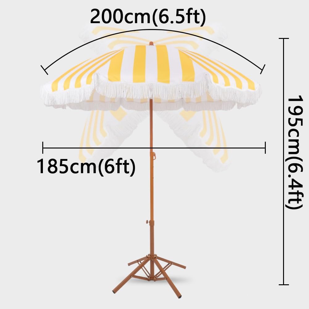 6,5ft Boho White-Ylow Striped Parasol z frynką, UPF 50 + Składany parasol tarasowy na ogród wakacyjny na świeżym powietrzu