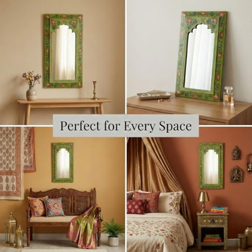 Image of Tropical Green Handpainted Wooden Mirror | Handcrafted Arch Design with Floral Motifs | Rajasthani Traditional Jharokha Style Mirror | Framed Wall Hanging for Home, Bedroom |18x9.5 Inch