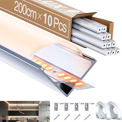 10 perfiles de esquina LED de aluminio blanco 2 m para tiras LED de 10 mm de ancho máximo, longitud 2000 x 15,8 x 15,8 mm, perfil LED de 45 grados, forma de V, perfil de esquina, canal y difusor para