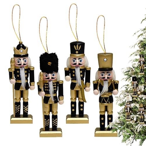 Colgantes Cascanueces de madera,Adorno de árbol de Cascanueces de madera | Colgante de Navidad con figura Cascanueces de madera 4X - Decoración de temporada Accesorios de fotografía de soldado de oro