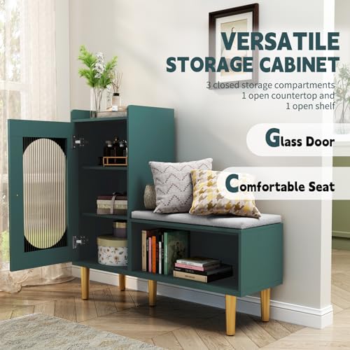 Image of HLR Storage Bench Set of 2, Green Modern Entryway Shoe Cabinet Bench with Glass Door&Shelf, L-Shaped Storage Cabinet with Padded Seat for Hallway, Bedroom, Living Room, Office