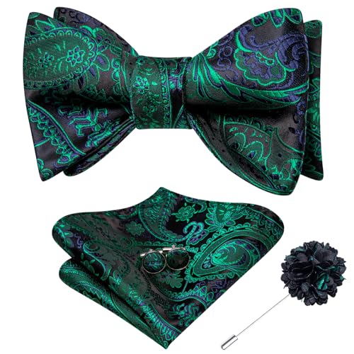 Image of Dubulle Self Tie Bow Ties and Lapel Pin for Men Paisley Solid Mens Bowtie and Handkerchief Cufflinks Set Wedding