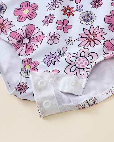 Image of Toddler Girl Swimsuit Baby Girl Bathing Suit Long Sleeve Floral Zipper One-Piece Rash Guard Swimsuit with Hat