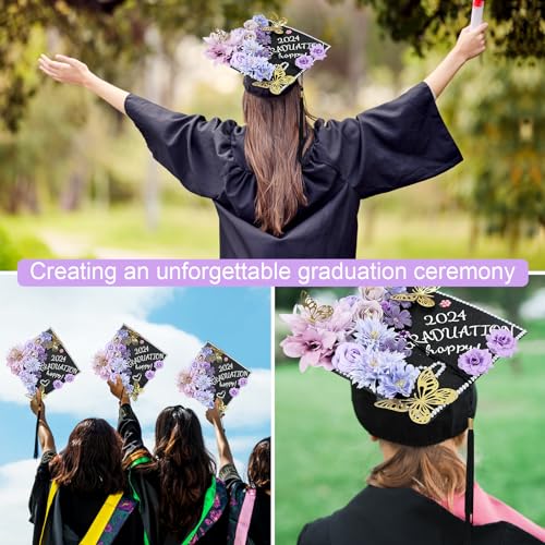 TKNOUS Purple Graduation Cap Decorations 2024 DIY Grad Cap Kit Included Faux Flower Heads 3D Butterfly Decoration Rhinestones Letter Stickers Glitter Paper for Art DIY Hat Grad Cap Topper - Thumbnail 5