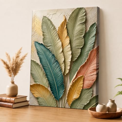 Image of PAINTINGMANTRA Textured Embossed Floral Leaf Canvas Wall Art Painting for wall decoration, Multi-Color Feather & Leaf Motifs Stretched Canvas Painting for living room, bedroom, Home and office, 16x22 Inch