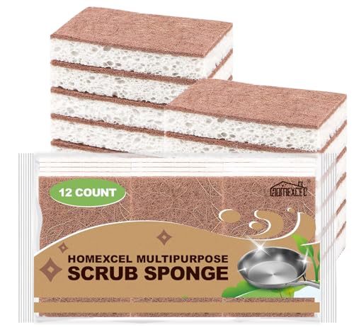 HOMEXCEL Set de 12 esponjas de Cocina Naturales, de Doble Cara, Resistente a los arañazos, Esponja de celulosa Segura para sartenes antiadherentes