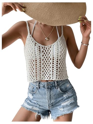 SHENHE Women's Hollow Out Crochet Scoop Neck Sleeveless Cami Top Bikini Cover Ups4