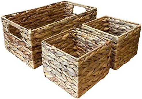 Hyacinth Set of 3 Woven Baskets (Water Hyacinth NOT Seagrass) - 1 Large & 2 Small Open Rustic Home Storage Solutions - Bedroom & Bathroom Storage
