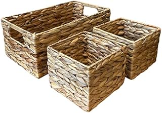 Hyacinth Set of 3 Woven Baskets (Water Hyacinth NOT Seagrass) - 1 Large & 2 Small Open Rustic Home Storage Solutions - Bedroom & Bathroom Storage