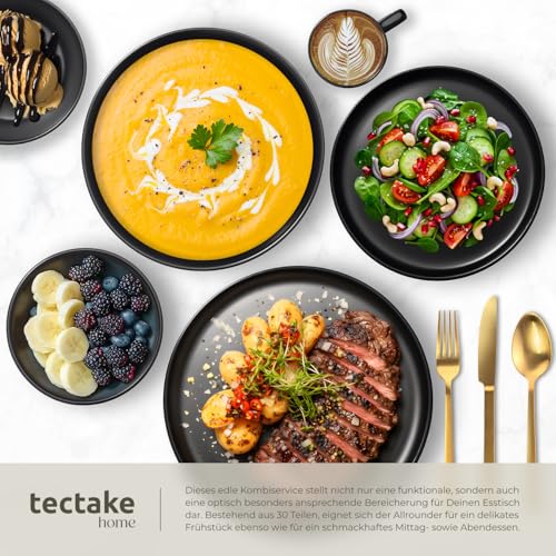 tectake® Küchenstarterset 6 Personen, Steingut Geschirr Set, Teller, 4 Töpfe 2 Pfannen rostfreies Aluminium, Kochtopf Set, Töpfe Set, kratzfest, leichte Reinigung, 5 Küchenwerkzeuge - schwarz, 45-tlg
