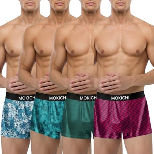 Image of Men's Microfiber Boxer Briefs Pack of 4 | Soft Stretch Breathable Innerwear | Moisture Wicking Printed Trunks | Comfortable Elastic Waistband | Regular Fit Underwear for Men