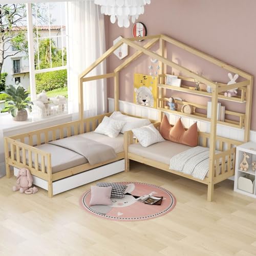 Sweiko Lit Cabane en Bois avec Tiroirs et Étagères, Cadre de Lit Structure en L avec Sommier à Lattes, Chambres à Coucher, Rangement, Naturel (sans Matelas) 200 x...