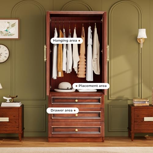 Solid Wood Armoire Wardrobe Closet: 70.87" Wardrobe Cabinet Storage,Clothes Organizer with Doors,Shelves,Hanging Rods and Drawers,American Style Freestanding Bedroom Cherry Red Finish - Image 5