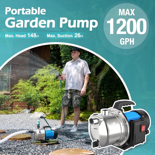 Image of FLUENTPOWER 1.5HP Portable Garden Transfer Pump, 1200GPH Electric Sprinkler Booster Pump, Shallow Well Jet Pump for Home Lawn Irrigation and Water Draining