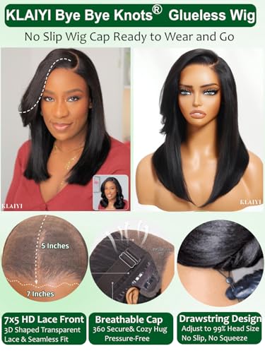 Image of KLAIYI Yaki Straight Wig Side Bangs Bye Bye Knots Precut 7x5 HD Lace Front Wigs Human Hair Glueless Drawstring Layered Cut Pre Plucked Bleached Pre Everything 3S Ready to Wear and Go Kinky Wig 22Inch