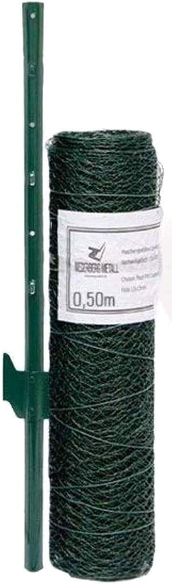 Wire Netting Fence + Metal Fence Posts | Hexagonal Chicken Wire Height 0,5m | Mesh 25x25mm | Roll 25m | Incl 20 Fence Posts Poles Height 80cm | Green PVC Coated Fencing for Animals and Plants
