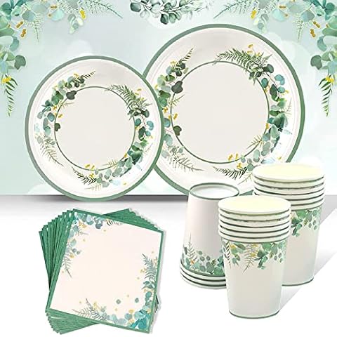 Green Paper Plates Cups Napkins Party Tableware Set - 96 Pcs Baby Shower Plates Cups and Napkins, Sage Green Disposable Party Plates for Birthday Party Decoration Baby Shower Jungle Safari Theme Party Cover