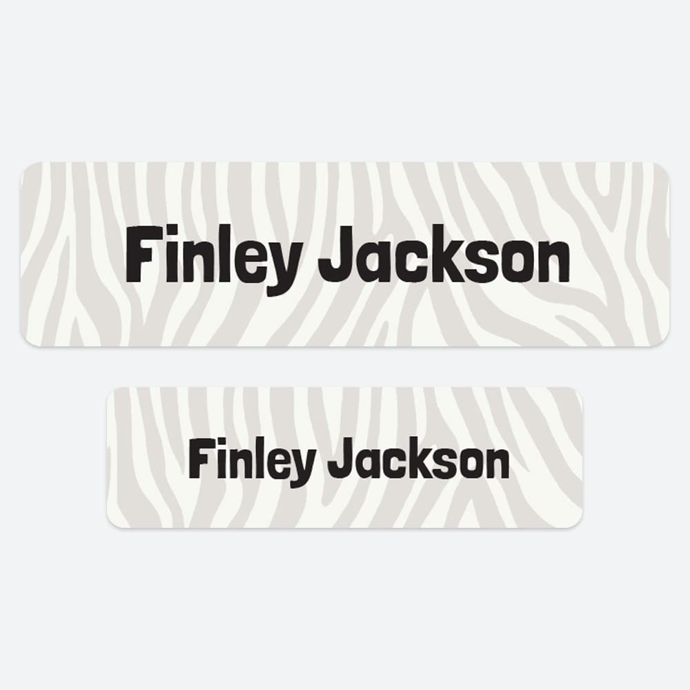 50 x No Iron Personalised Stick On Waterproof Washable Name Labels Great for Clothes, School Uniform, Equipment, Shoes. School, Nursery, Day Care, Hospital - Zebra Print Grey